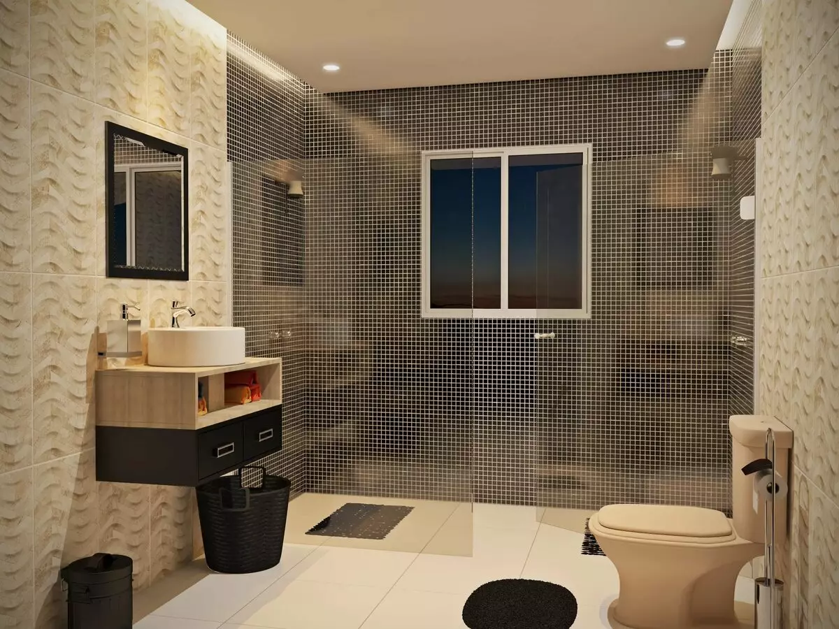 Tile mozaik za kopalnico (125 fotografij): Oblika prostora z mozaičnimi ploščicami na tleh, samolepilne ploščice v notranjosti, keramične in plastične, steklene ploščice in druge možnosti 21358_32