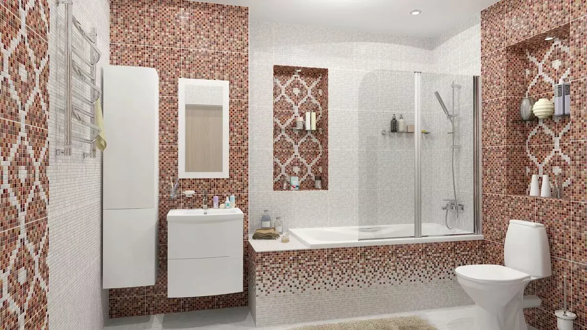 Tile mozaik za kopalnico (125 fotografij): Oblika prostora z mozaičnimi ploščicami na tleh, samolepilne ploščice v notranjosti, keramične in plastične, steklene ploščice in druge možnosti 21358_38