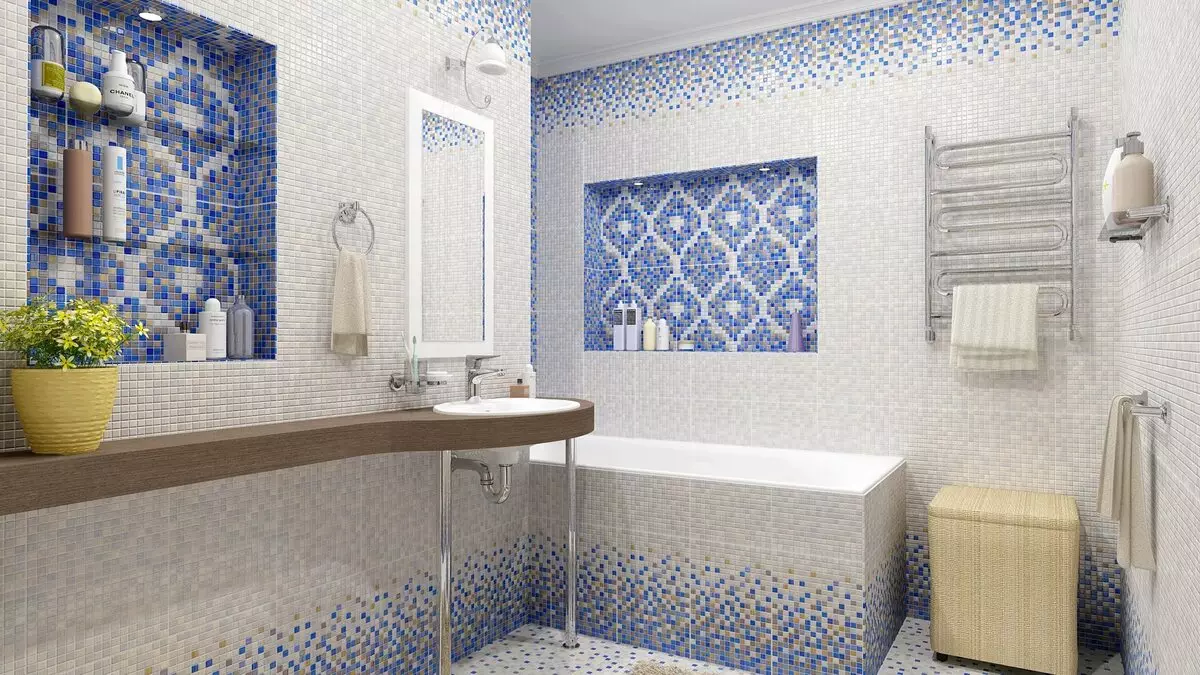 Tile mozaik za kopalnico (125 fotografij): Oblika prostora z mozaičnimi ploščicami na tleh, samolepilne ploščice v notranjosti, keramične in plastične, steklene ploščice in druge možnosti 21358_39