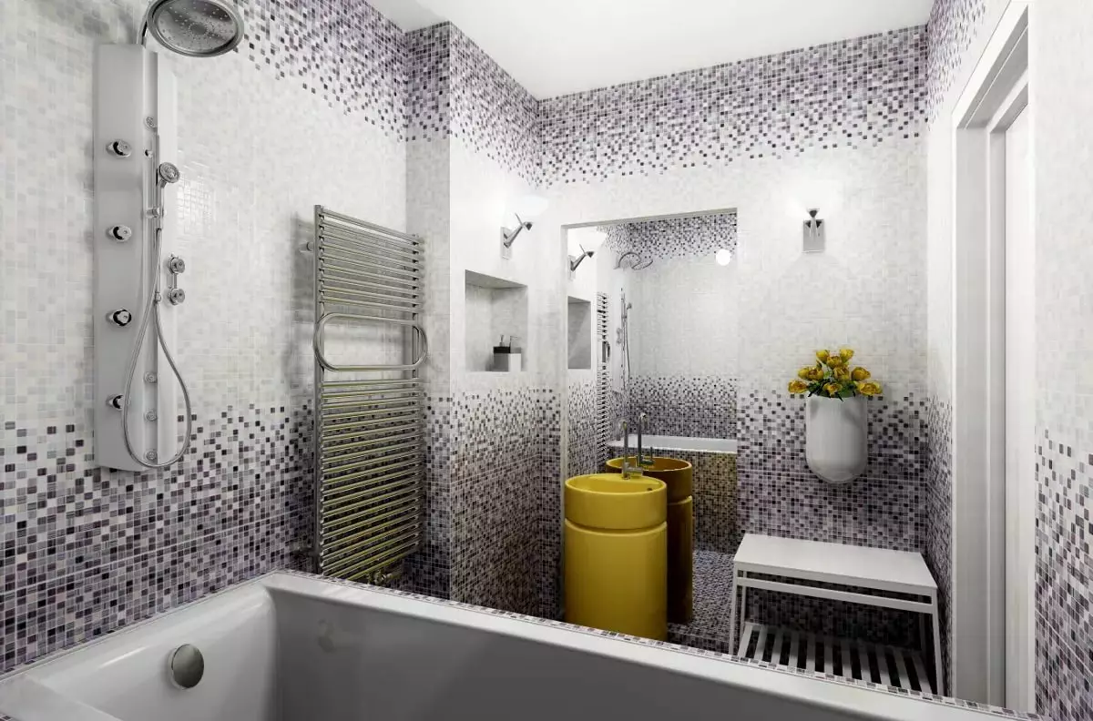 Tile mozaik za kopalnico (125 fotografij): Oblika prostora z mozaičnimi ploščicami na tleh, samolepilne ploščice v notranjosti, keramične in plastične, steklene ploščice in druge možnosti 21358_6