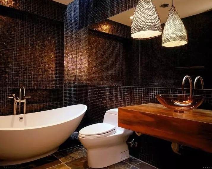 Tile mozaik za kopalnico (125 fotografij): Oblika prostora z mozaičnimi ploščicami na tleh, samolepilne ploščice v notranjosti, keramične in plastične, steklene ploščice in druge možnosti 21358_79