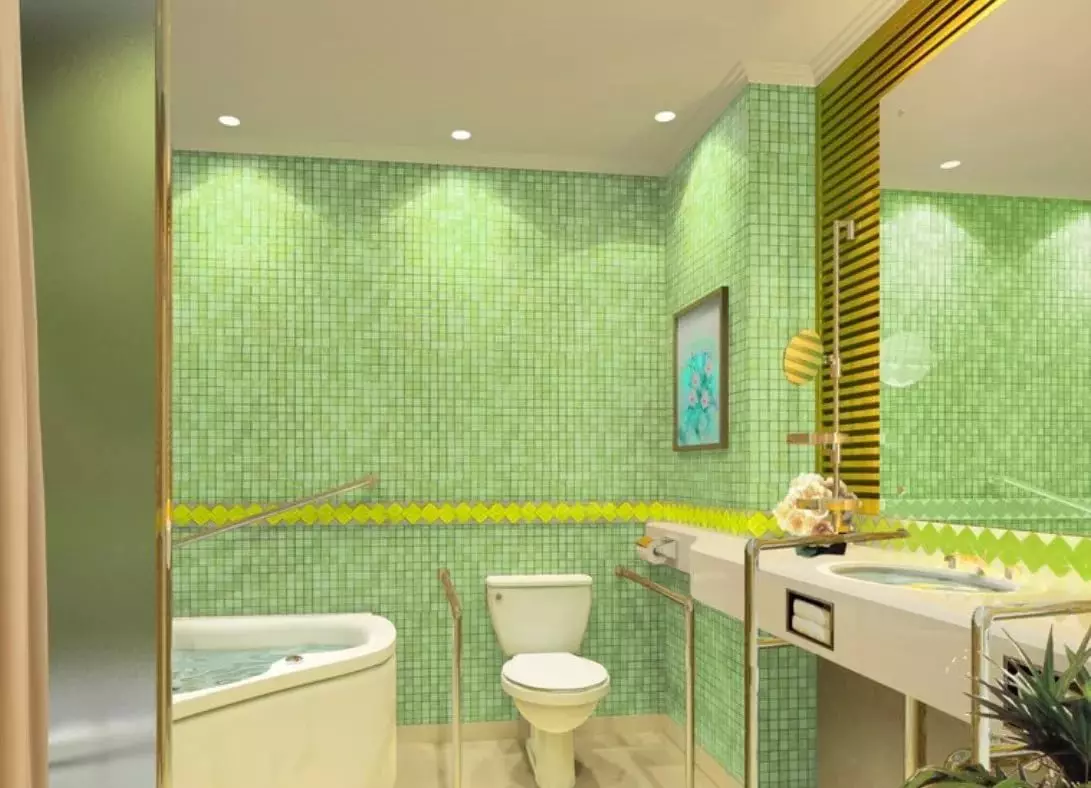 Tile mozaik za kopalnico (125 fotografij): Oblika prostora z mozaičnimi ploščicami na tleh, samolepilne ploščice v notranjosti, keramične in plastične, steklene ploščice in druge možnosti 21358_82