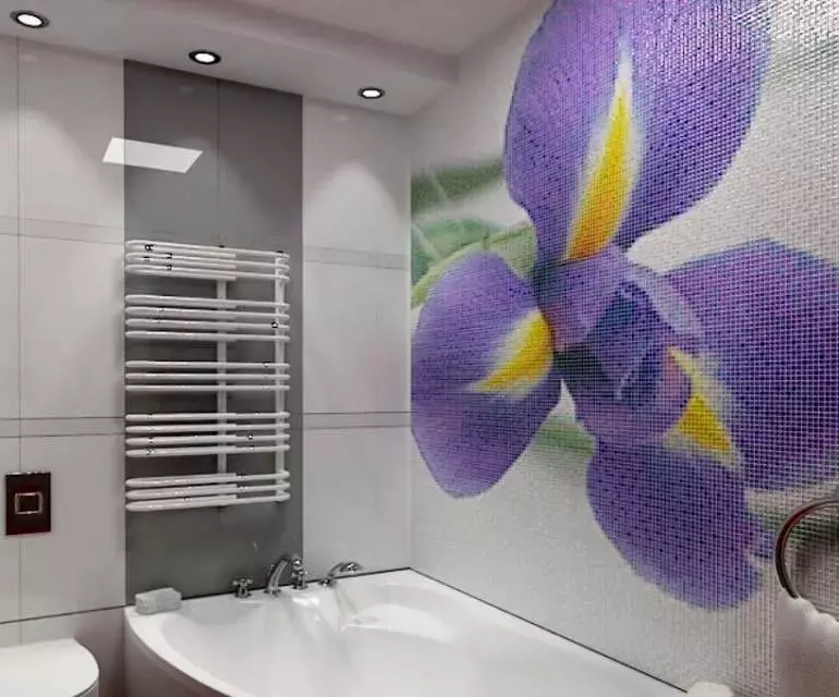 Tile mozaik za kopalnico (125 fotografij): Oblika prostora z mozaičnimi ploščicami na tleh, samolepilne ploščice v notranjosti, keramične in plastične, steklene ploščice in druge možnosti 21358_85