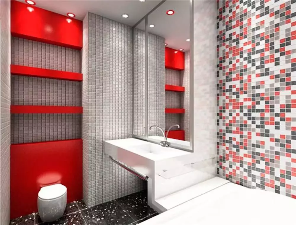 Tile mozaik za kopalnico (125 fotografij): Oblika prostora z mozaičnimi ploščicami na tleh, samolepilne ploščice v notranjosti, keramične in plastične, steklene ploščice in druge možnosti 21358_97