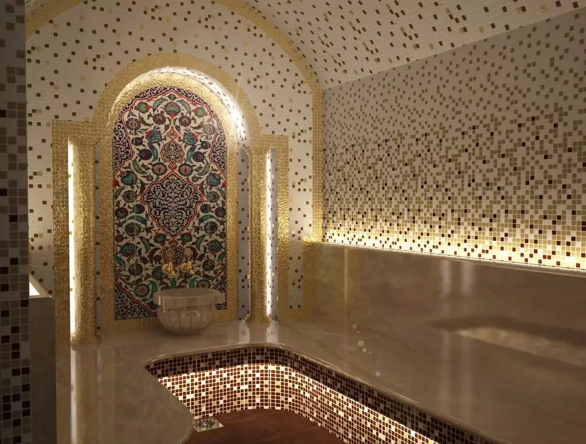 Tile mozaik za kopalnico (125 fotografij): Oblika prostora z mozaičnimi ploščicami na tleh, samolepilne ploščice v notranjosti, keramične in plastične, steklene ploščice in druge možnosti 21358_99