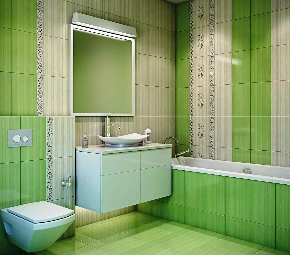 Telha verde para o banheiro (41 fotos): cerâmica e outras telhas escuras e luzes claras no banheiro. Design de telha no chão e nas paredes em tons verdes 21359_10