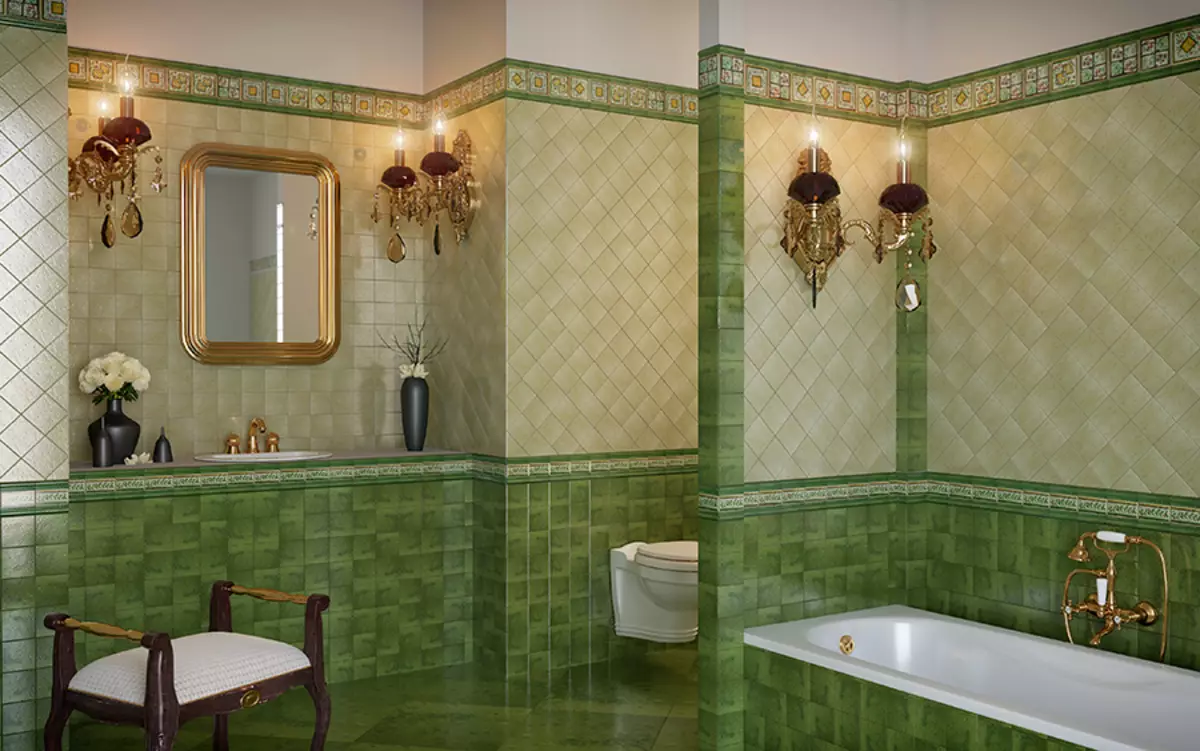 Telha verde para o banheiro (41 fotos): cerâmica e outras telhas escuras e luzes claras no banheiro. Design de telha no chão e nas paredes em tons verdes 21359_15