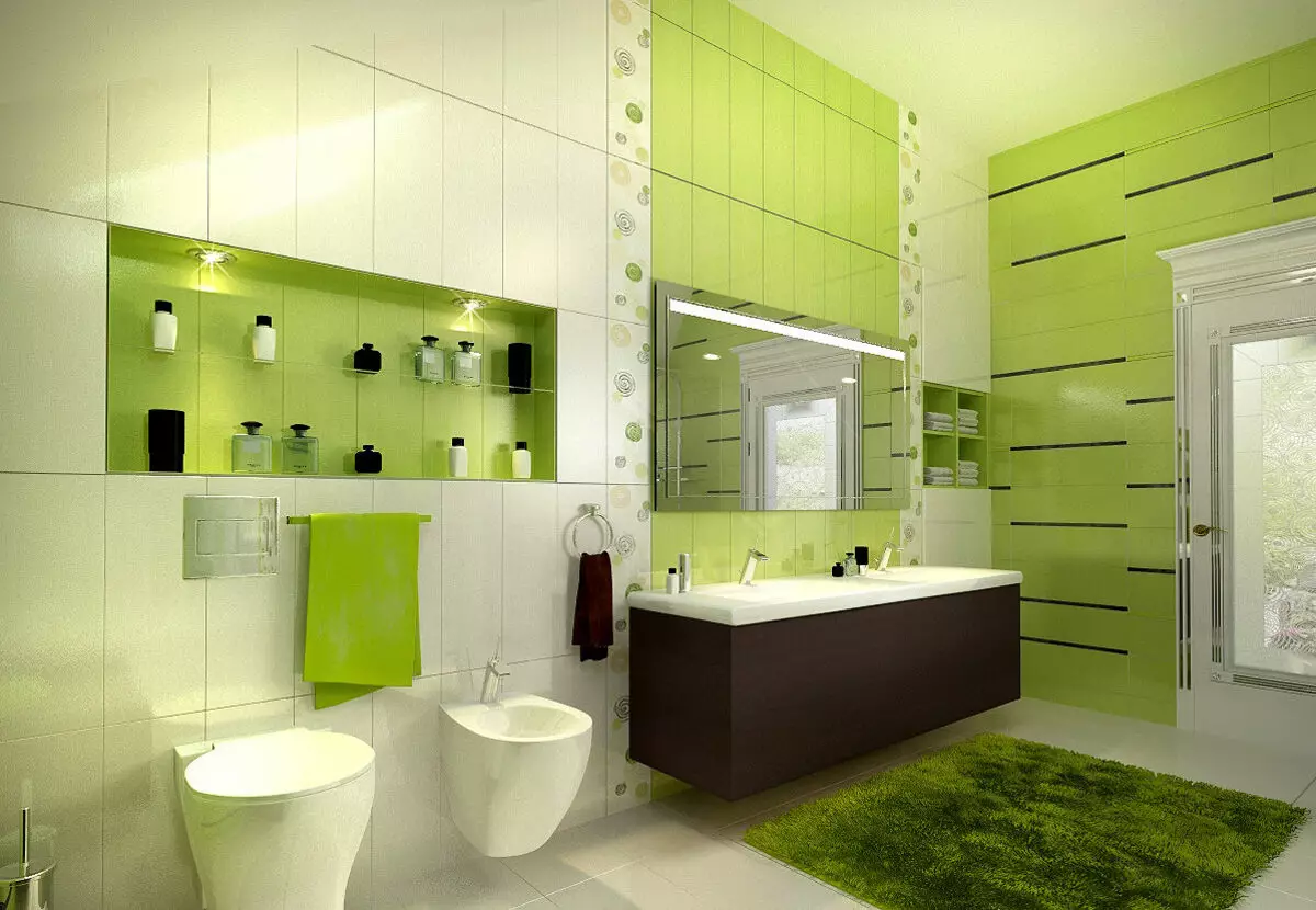 Telha verde para o banheiro (41 fotos): cerâmica e outras telhas escuras e luzes claras no banheiro. Design de telha no chão e nas paredes em tons verdes 21359_19