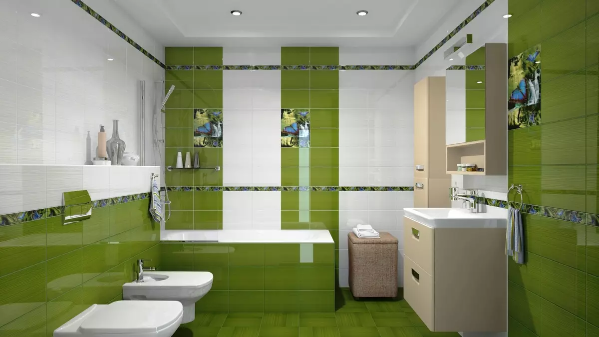 Telha verde para o banheiro (41 fotos): cerâmica e outras telhas escuras e luzes claras no banheiro. Design de telha no chão e nas paredes em tons verdes 21359_34