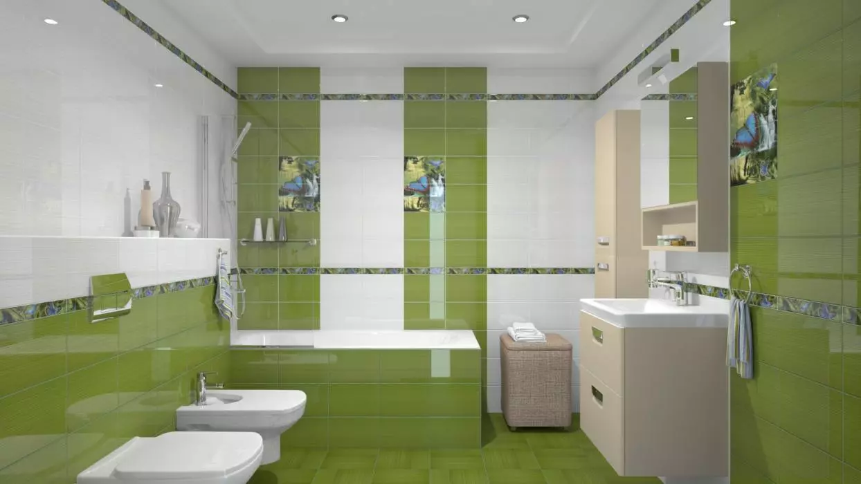 Telha verde para o banheiro (41 fotos): cerâmica e outras telhas escuras e luzes claras no banheiro. Design de telha no chão e nas paredes em tons verdes 21359_4
