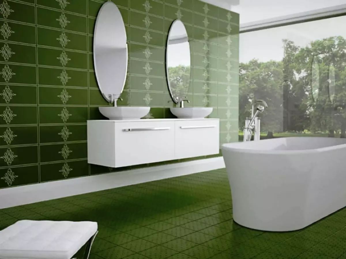 Telha verde para o banheiro (41 fotos): cerâmica e outras telhas escuras e luzes claras no banheiro. Design de telha no chão e nas paredes em tons verdes 21359_9