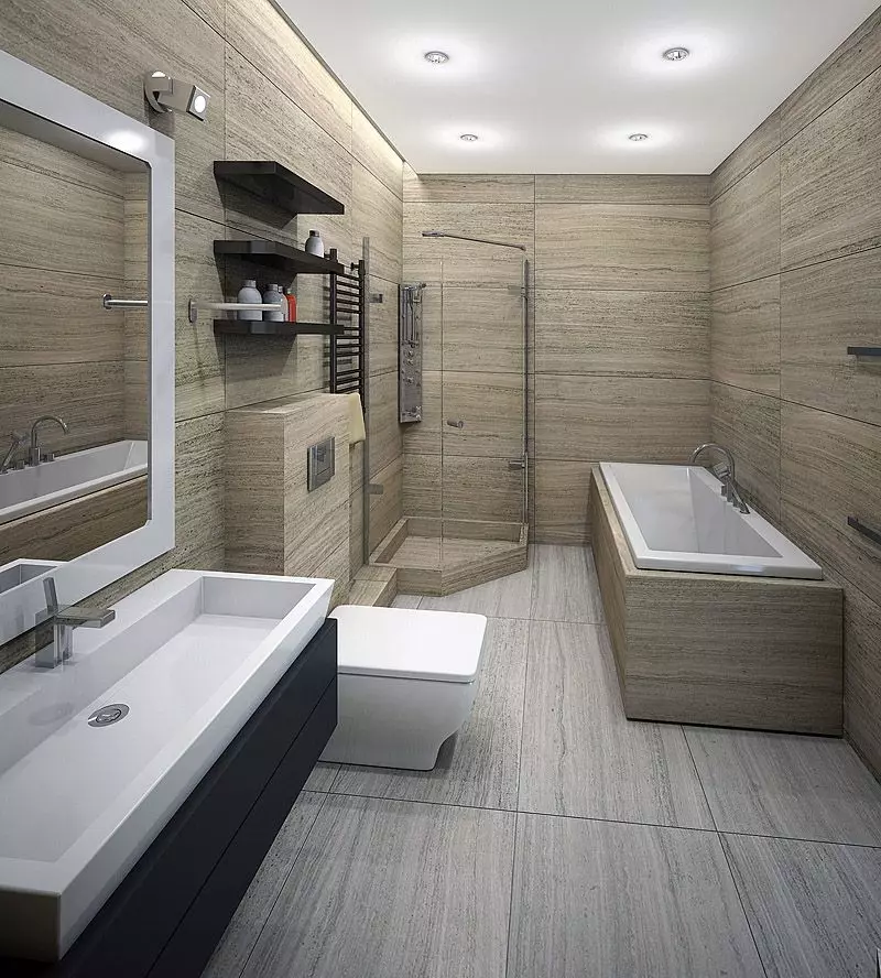 Matte tegel voor de badkamer: voor- en nadelen van matte keramische tegels voor de badkamer, ontwerp onder steen en andere opties 21360_33