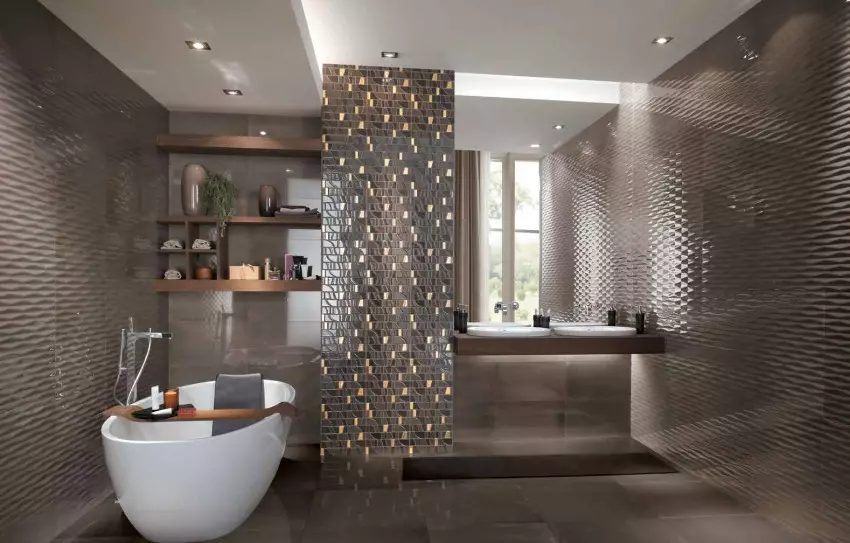 Matte tegel voor de badkamer: voor- en nadelen van matte keramische tegels voor de badkamer, ontwerp onder steen en andere opties 21360_6