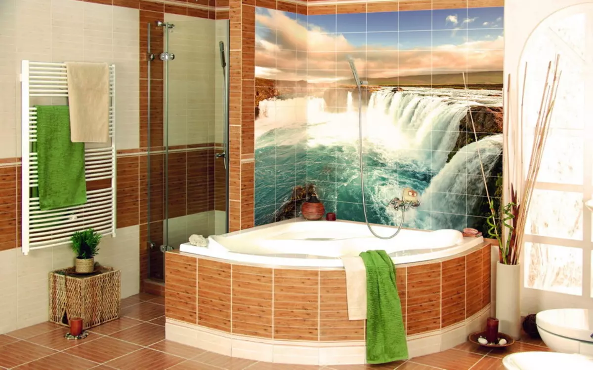 Panel z dlaždice v kúpeľni (79 fotografií): Prehľad panelu pre kúpeľňu z keramických dlaždíc a mozaikových, dlaždíc a mozaických panelov s morskými témami a inými 21368_10