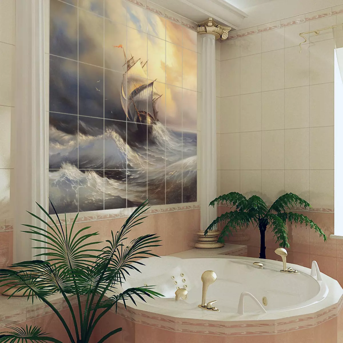 बाथरूममध्ये टाइलमधून पॅनेल (7 9 फोटो): सिरेमिक टाइल आणि मोझिक, टाइल आणि मोझीट पॅनेलमधील बाथरूमचे विहंगावलोकन 21368_14