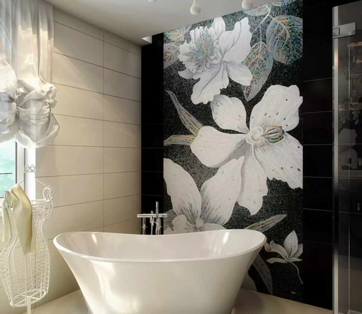 Panel z dlaždice v kúpeľni (79 fotografií): Prehľad panelu pre kúpeľňu z keramických dlaždíc a mozaikových, dlaždíc a mozaických panelov s morskými témami a inými 21368_76