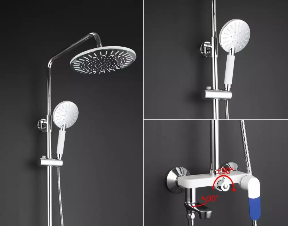 Dusjhyller med en mikser: Systemer med en mikser og øvre dusj, sett med vanning kan og andre hodetelefoner med en stiv og annen rack 21379_5