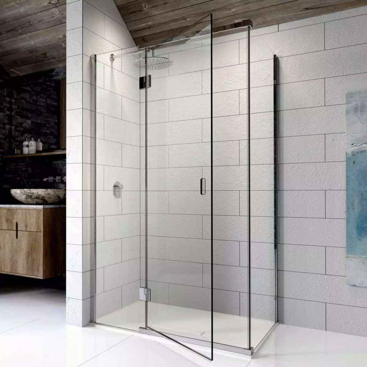 Ducha en baño sen cabina (86 fotos): Opcións de deseño de baño con ducha sen cabinas de paleta e azulexos, proxectos 21384_22