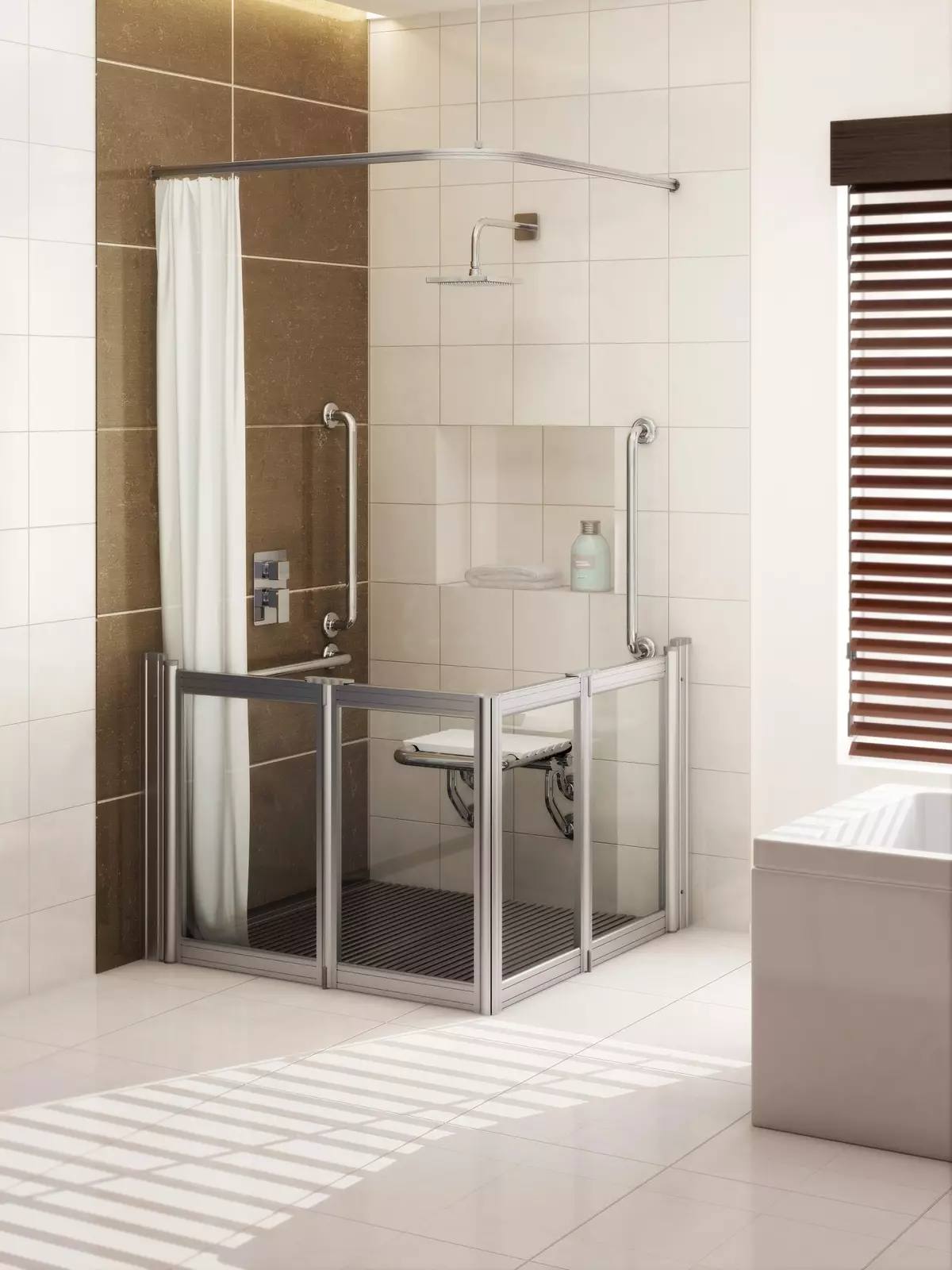 Suihku kylpyhuone ilman mökkiä (86 valokuvaa): Kylpyhuoneen suunnitteluvaihtoehdot suihkulla ilman kuormalavaa ja laattakaapit, projektit 21384_23