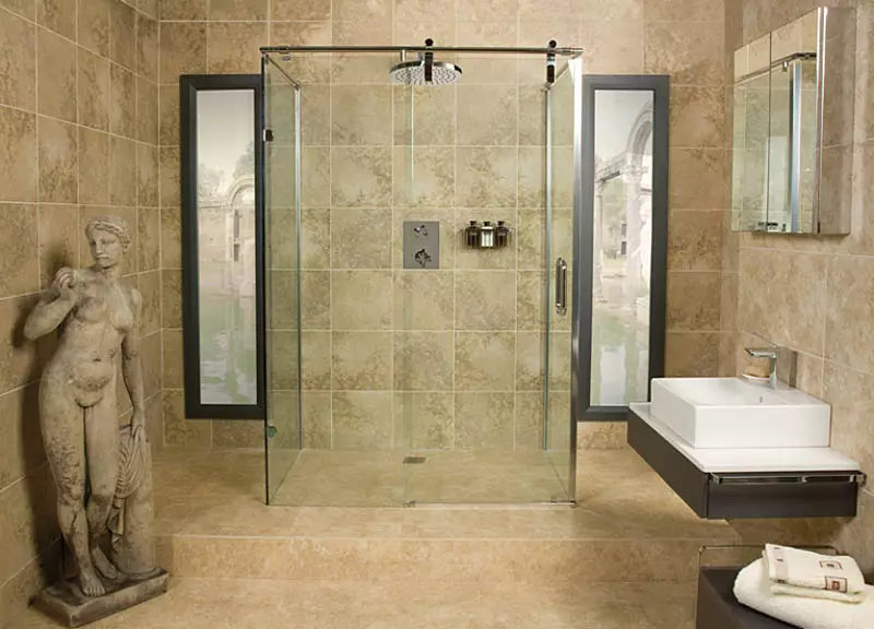 केबिन (86 फोटो) शिवाय बाथरूममध्ये शॉवर: फॅलेट आणि टाइल केबिनशिवाय शॉवरसह स्नानगृह डिझाइन पर्याय, प्रकल्प 21384_26