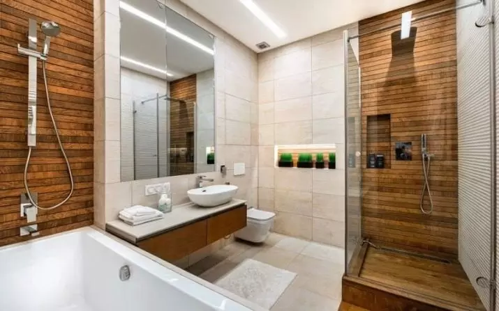 Dušas vonios kambaryje be salono (86 nuotraukos): vonios kambario dizaino parinktys su dušu be padėklų ir plytelių kabinų, projektų 21384_75