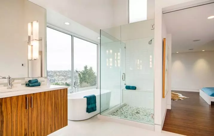 Ducha en baño sen cabina (86 fotos): Opcións de deseño de baño con ducha sen cabinas de paleta e azulexos, proxectos 21384_77