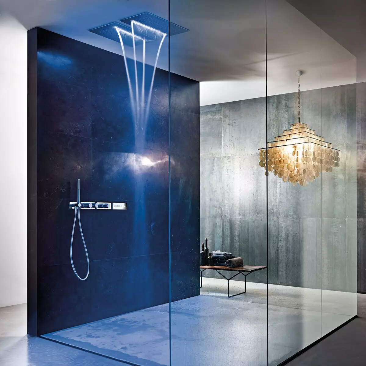 샤워 패널 (40 사진) : 수중계 및 욕실 믹서, Hansgrohe 모델 및 탑 샤워 패널의 검토가있는 각도 랙의 특징 21389_17