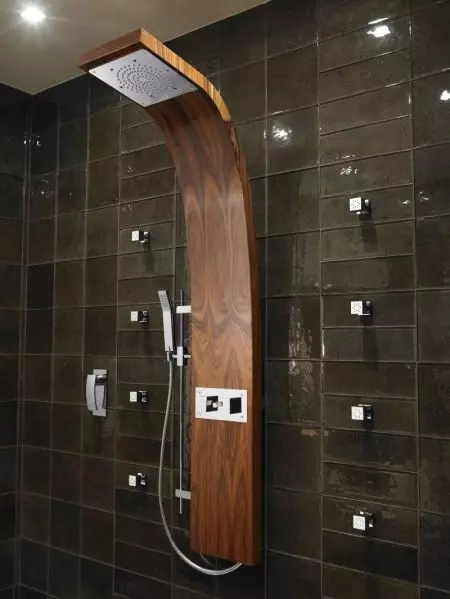 Paneles de ducha (40 fotos): Características de los bastidores angulares con hidromasaje y mezclador de baño, la revisión de los modelos Hansgrohe y los paneles de ducha superior 21389_26