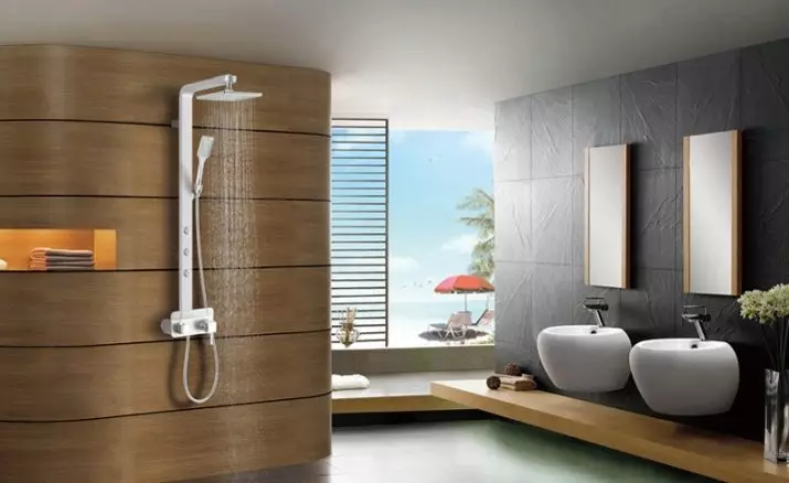 Panel mandi (40 foto): Ciri-ciri rak sudut dengan hydromassage dan bilik mandi mixer, kajian semula model Hansgrohe dan panel atas pancuran mandian 21389_29