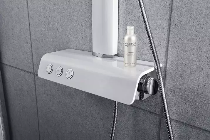 Sprchové panely (40 photos): Vlastnosti úhlových regálů s hydromasážní a koupelnové míchačky, recenze modelů Hansgrohe a špičkové sprchové panely 21389_3