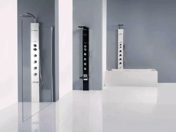 Sprchové panely (40 fotografií): Charakteristiky uhlových regálov s hydromasážou a kúpeľňou Mixera, recenzia Hansgrohe modely a top sprchových panelov 21389_30