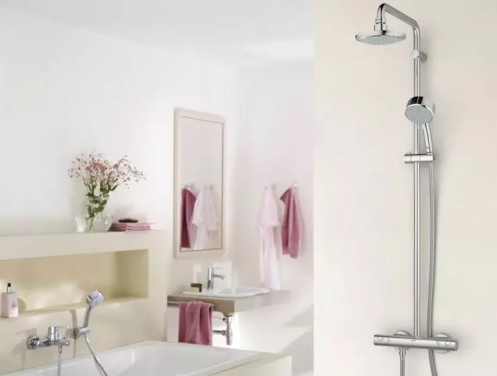 Painéis de duche (40 fotos): Características de prateleiras angulares com hidromassagem e banheiro misturador, revisão de modelos Hansgrohe e painéis de alta chuva 21389_31