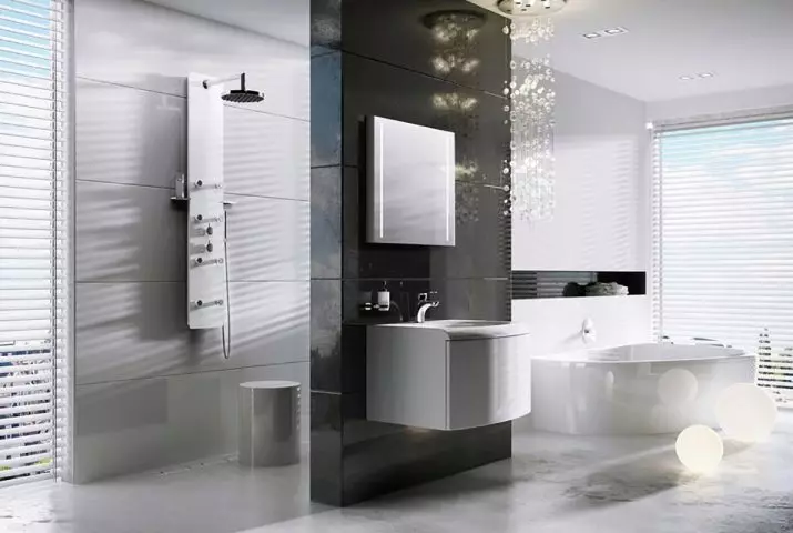 פאנלים מקלחת (40 תמונות): תכונות של מתלים זוויתיים עם הידרומסאגר ומיקסר אמבטיה, סקירה של מודלים Hansgrohe ו לוחות מקלחת למעלה 21389_6