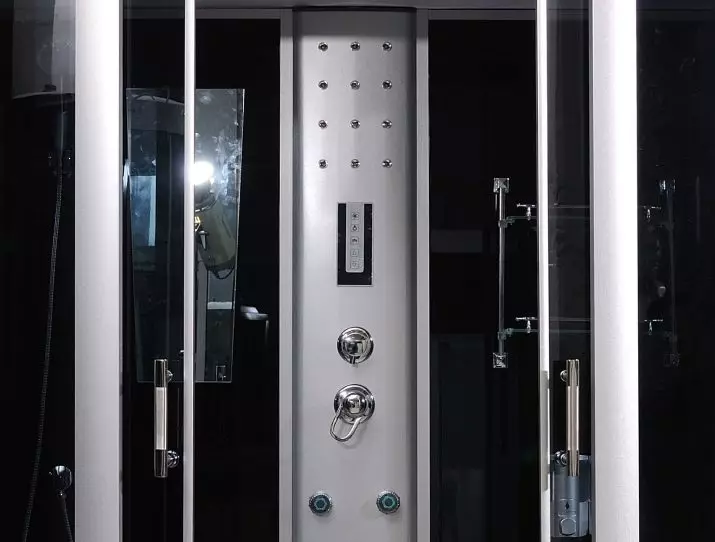 Sprchové panely (40 fotografií): Charakteristiky uhlových regálov s hydromasážou a kúpeľňou Mixera, recenzia Hansgrohe modely a top sprchových panelov 21389_7