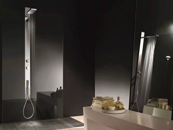 Panelet e dushit (40 foto): Karakteristikat e rafteve këndore me hidromasazh dhe mikser banjo, shqyrtim të modeleve Hansgrohe dhe paneleve të lartë dushi 21389_9