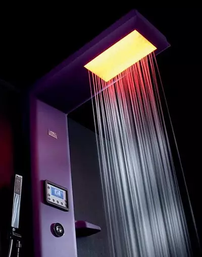 Panel pancuran mandian dengan hydromassage: Ciri-ciri rak panas dengan pancuran mandian tropika, gambaran keseluruhan model sudut dengan tumpahan dan termostat untuk mandi 21394_10
