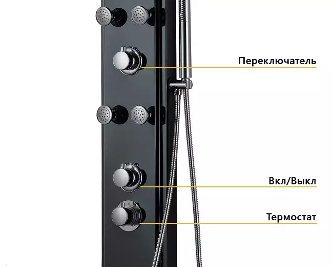 panel hlambi ne hydromassage: Amanqaku ye ntsimbi zilapha phezulu kune imvula yimvula, isishwankathelo imifuziselo emboxo kunye omkulu kunye thermostat ukuze webhate 21394_11