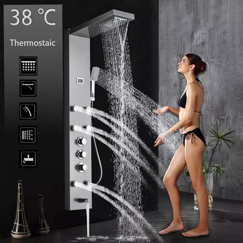 Shower-panelo kun hidromasage: ecoj de varmaj kulisoj kun tropika duŝo, superrigardo de angulaj modeloj kun verŝado kaj termostato por bano 21394_12