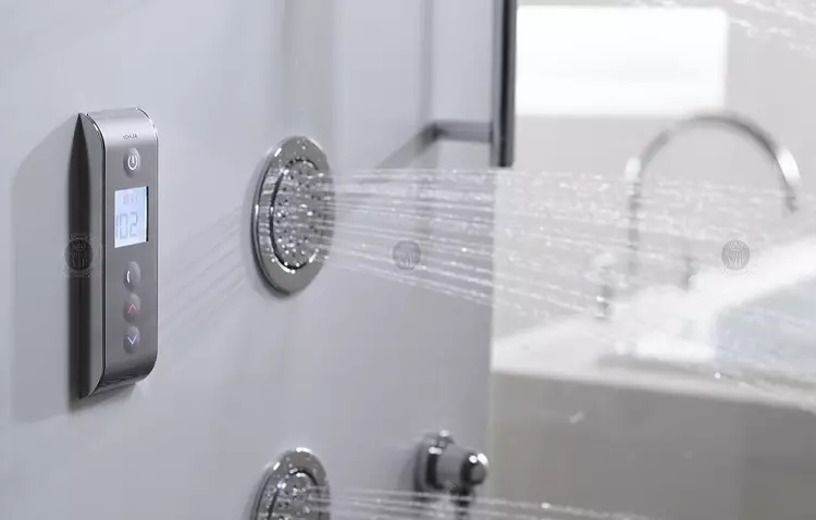 לוח מקלחת עם הידרומסאז ': תכונות של מתלים חמים עם מקלחת טרופית, סקירה של דגמים זוויתיים עם לשפוך תרמוסטט לאמבטיה 21394_14