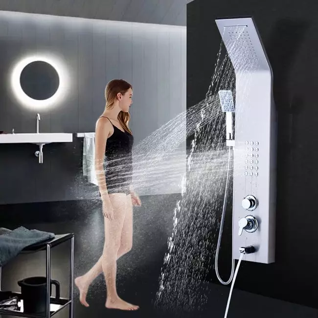 Panel pancuran mandian dengan hydromassage: Ciri-ciri rak panas dengan pancuran mandian tropika, gambaran keseluruhan model sudut dengan tumpahan dan termostat untuk mandi 21394_16