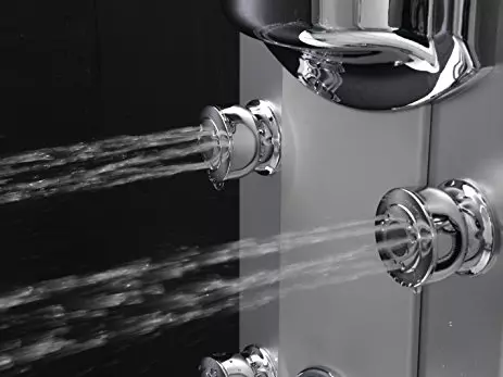 panel de ducha con hidromasaje: Características de los bastidores calientes con ducha tropical, visión general de los modelos angulares con derrame y un termostato para el baño 21394_18
