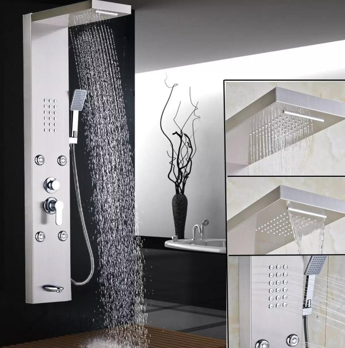 לוח מקלחת עם הידרומסאז ': תכונות של מתלים חמים עם מקלחת טרופית, סקירה של דגמים זוויתיים עם לשפוך תרמוסטט לאמבטיה 21394_2