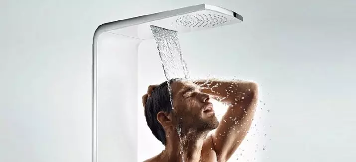 panel de ducha con hidromasaje: Características de los bastidores calientes con ducha tropical, visión general de los modelos angulares con derrame y un termostato para el baño 21394_21