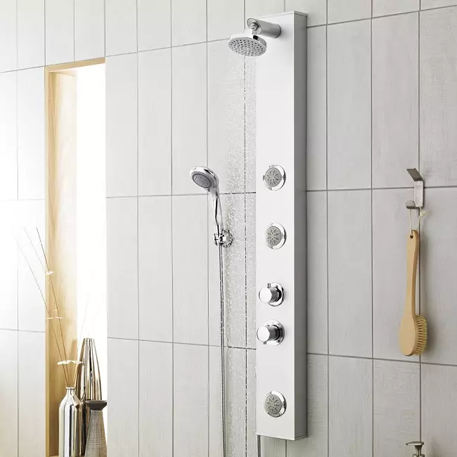 Panel pancuran mandian dengan hydromassage: Ciri-ciri rak panas dengan pancuran mandian tropika, gambaran keseluruhan model sudut dengan tumpahan dan termostat untuk mandi 21394_22
