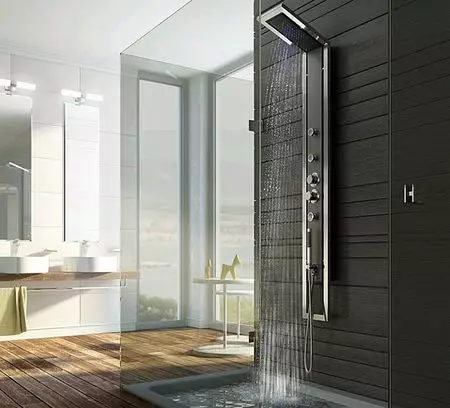panel de ducha con hidromasaje: Características de los bastidores calientes con ducha tropical, visión general de los modelos angulares con derrame y un termostato para el baño 21394_24