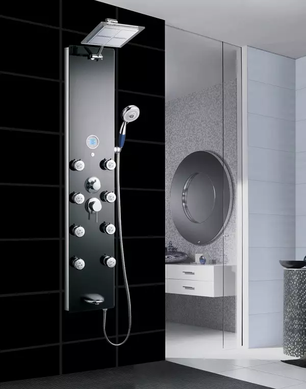 panel de ducha con hidromasaje: Características de los bastidores calientes con ducha tropical, visión general de los modelos angulares con derrame y un termostato para el baño 21394_5