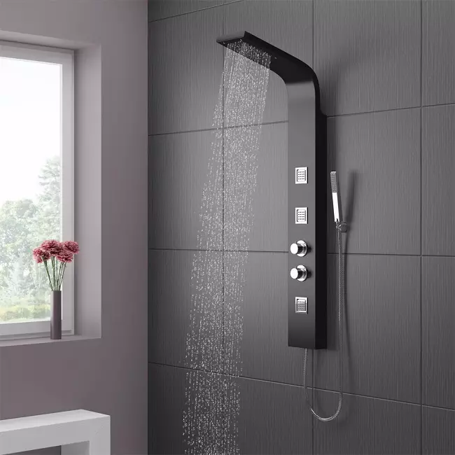 Zuhanyzó panel hidromasszázs: Hot állványok jellemzői trópusi zuhanyzóval, Áttekintés szögletes modellek kiömléssel és termosztáttal fürdővel 21394_6