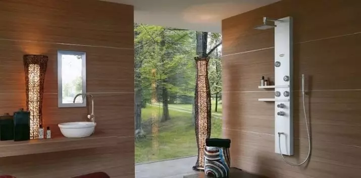 Panel pancuran mandian dengan hydromassage: Ciri-ciri rak panas dengan pancuran mandian tropika, gambaran keseluruhan model sudut dengan tumpahan dan termostat untuk mandi 21394_7