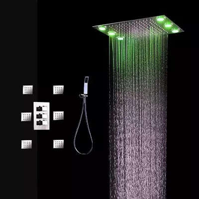 Zuhanyzó panel hidromasszázs: Hot állványok jellemzői trópusi zuhanyzóval, Áttekintés szögletes modellek kiömléssel és termosztáttal fürdővel 21394_9