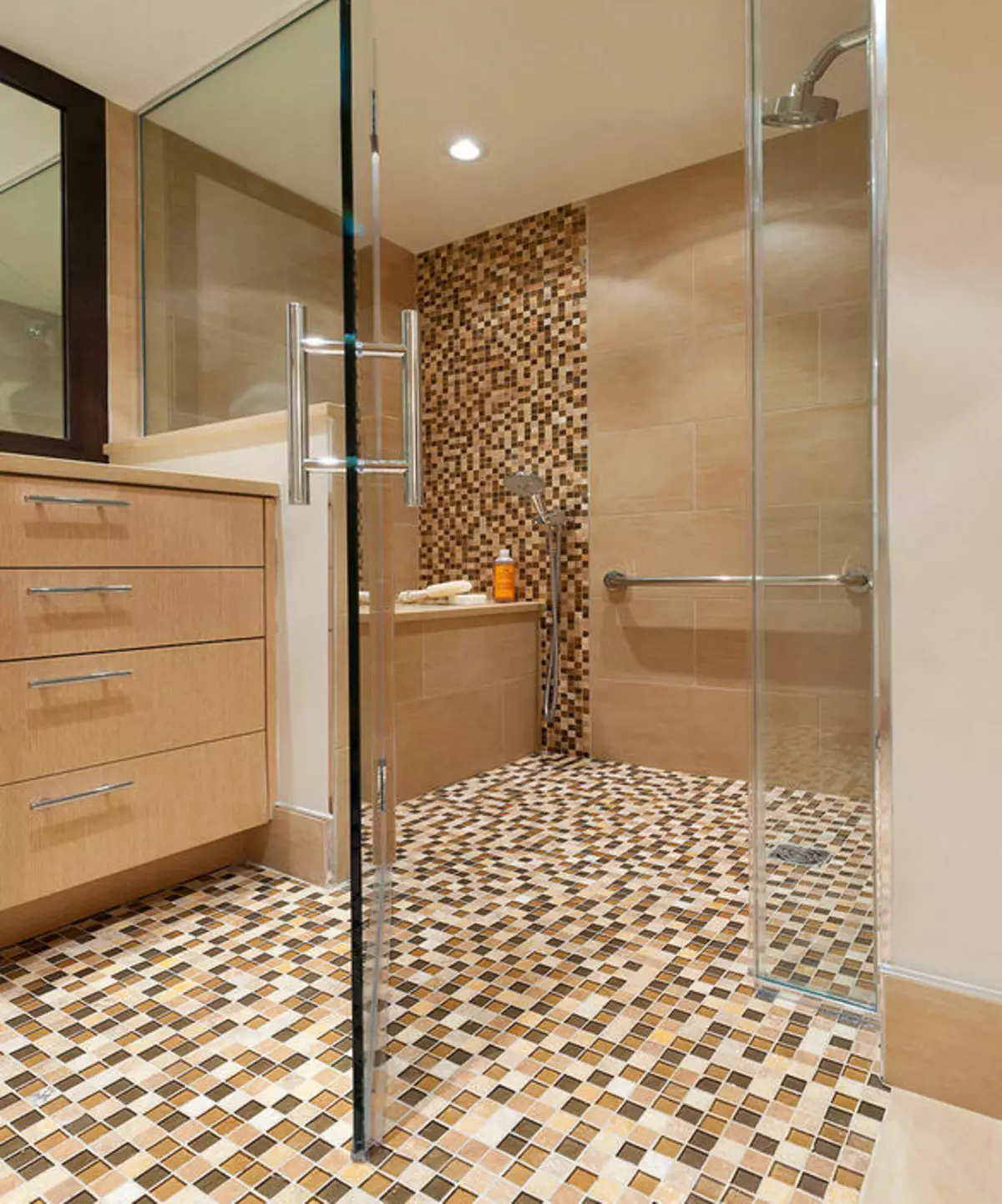 Dush pa dush në banjo (57 foto): Dizajn dhe dekorim të banjo me skenë shpirtërore pa një kabinën në një shtëpi private dhe apartament 21400_25